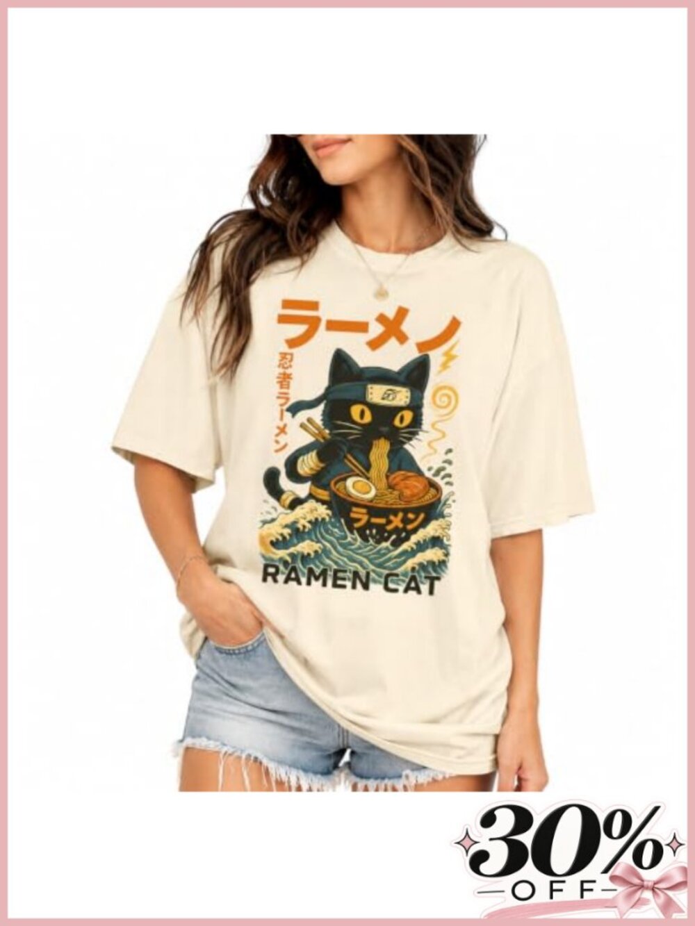 Ramen Cat Anime Vintage Japanese Graphic Cotton T-Shirt Crew Neck
